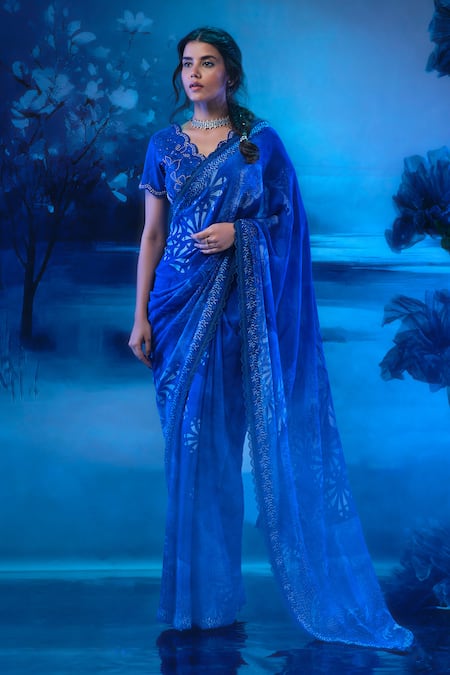 Shop_Mandira Wirk - Indian_Blue Chanderi Embroidery, Zari Designer Saree Set 