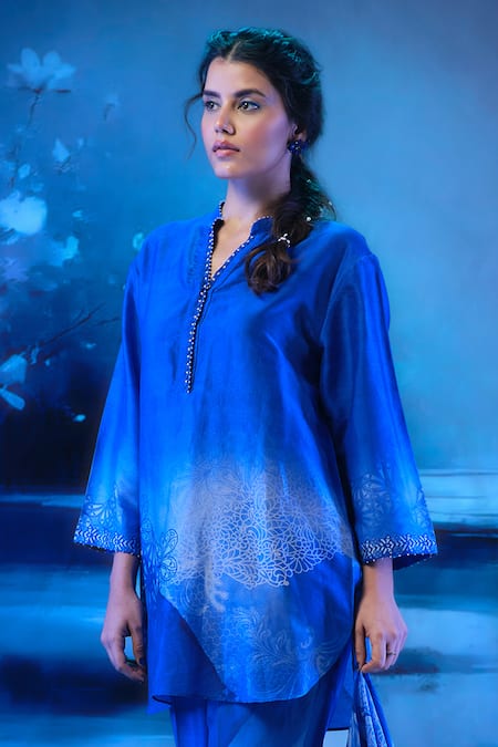 Mandira Wirk - Indian_Blue Chanderi Embroidery Round Neck Kurta Palazzo Set _Online_at_Aza_Fashions