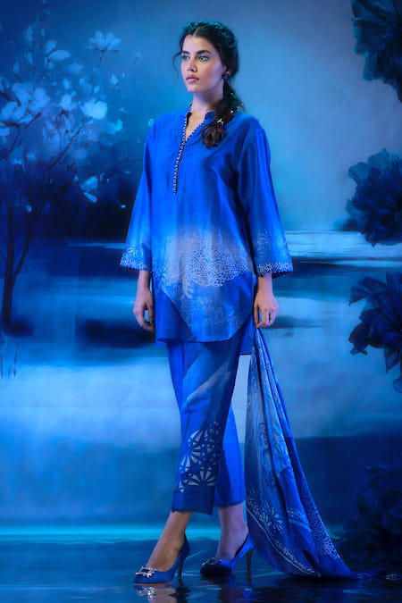 Mandira Wirk - Indian Blue Chanderi Kurta Palazzo Set 