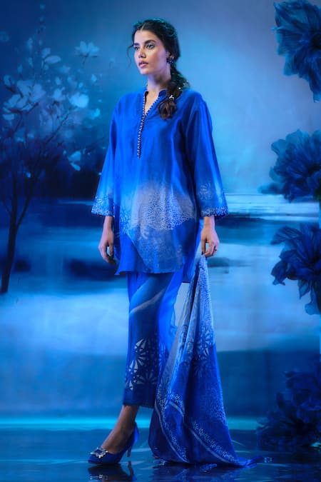 Shop_Mandira Wirk - Indian_Blue Chanderi Embroidery Round Neck Kurta Palazzo Set _Online_at_Aza_Fashions