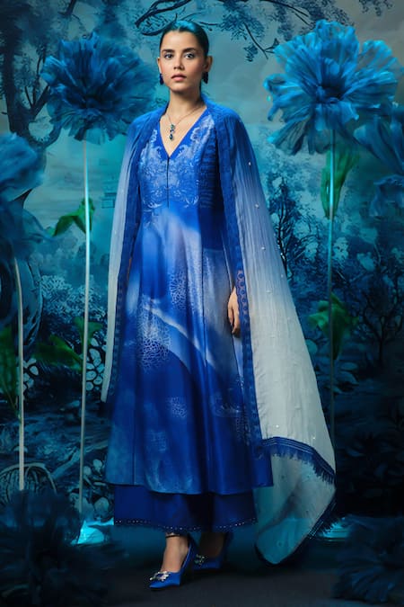 Mandira Wirk - Indian Blue Chanderi Anarkali Set 