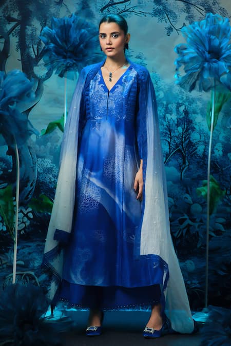Mandira Wirk - Indian Blue Chanderi Anarkali Set 