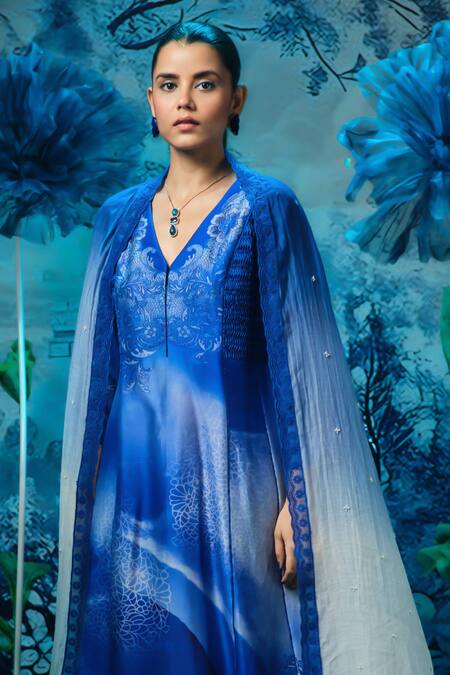 Buy_Mandira Wirk - Indian_Blue Chanderi V-neck Anarkali Set _Online_at_Aza_Fashions