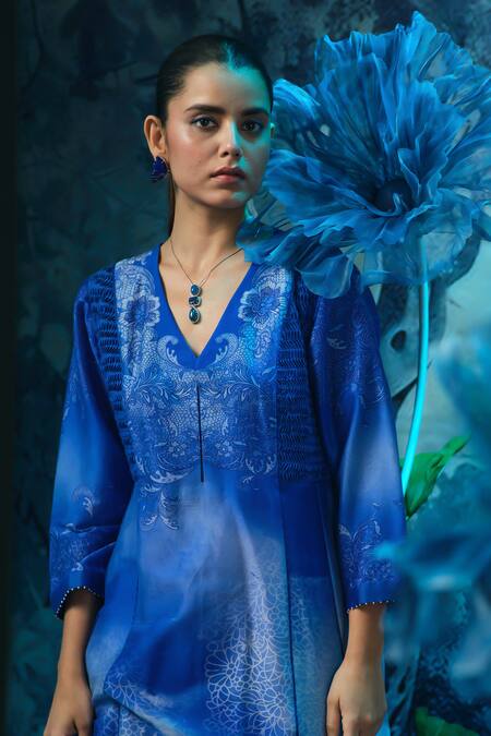 Shop_Mandira Wirk - Indian_Blue Chanderi V-neck Anarkali Set _Online_at_Aza_Fashions