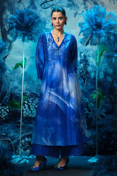 Mandira Wirk - Indian_Blue Chanderi V-neck Anarkali Set _at_Aza_Fashions