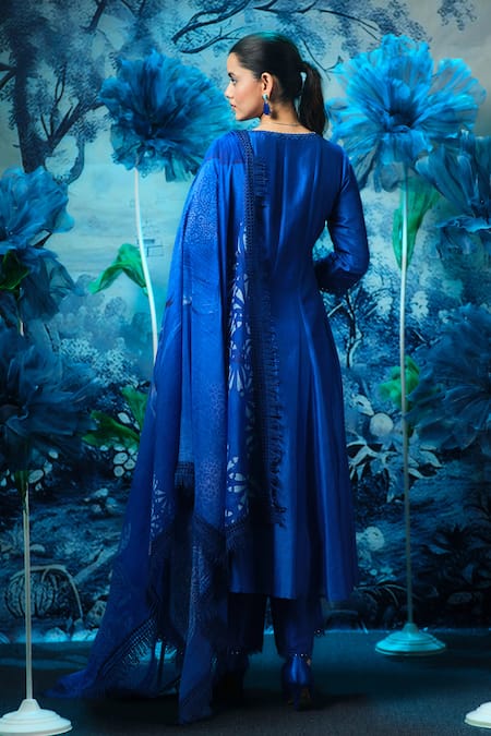 Mandira Wirk - Indian Blue Chanderi Anarkali Set with Dupatta 