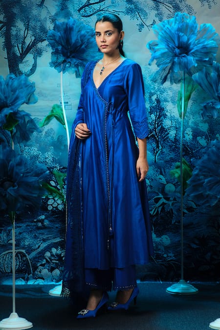Shop_Mandira Wirk - Indian_Blue Chanderi Embroidery V-neck Anarkali Set With Dupatta _Online_at_Aza_Fashions