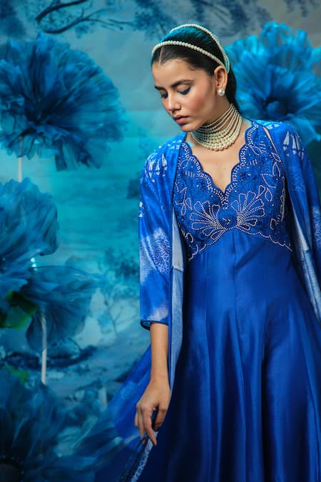 Mandira Wirk - Indian_Blue Chanderi Embroidery Round Neck Kurta Set _Online_at_Aza_Fashions