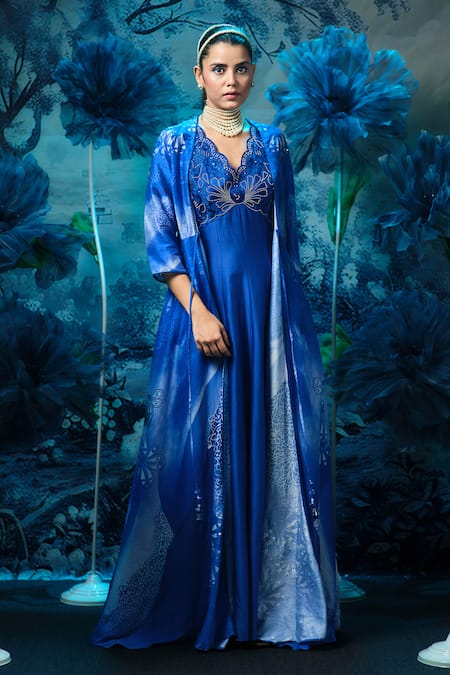 Mandira Wirk - Indian Blue Chanderi Embroidered Kurta Set 