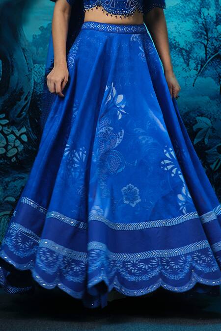 Mandira Wirk - Indian_Blue Chanderi Embroidery, Sequins Round Neck Lehenga Set _Online_at_Aza_Fashions
