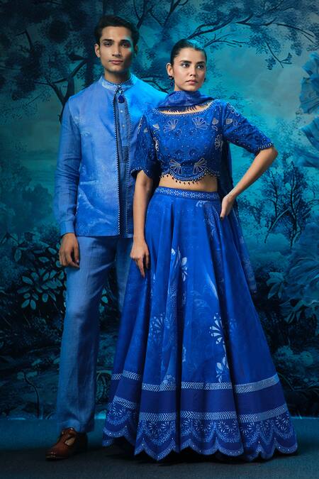 Buy_Mandira Wirk - Indian_Blue Chanderi Embroidery, Sequins Round Neck Lehenga Set _Online_at_Aza_Fashions