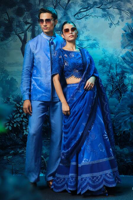 Mandira Wirk - Indian_Blue Chanderi Embroidery, Sequins Round Neck Lehenga Set _at_Aza_Fashions