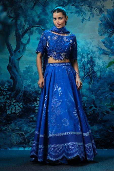 Mandira Wirk - Indian Blue Chanderi Embroidered Lehenga Set 