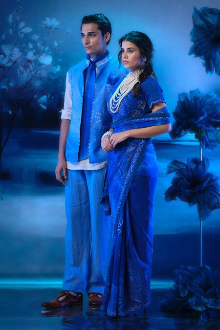 Buy_Mandira Wirk - Indian_Blue Chanderi, Linen Embroidery Bundi Kurta Pant Set _Online_at_Aza_Fashions