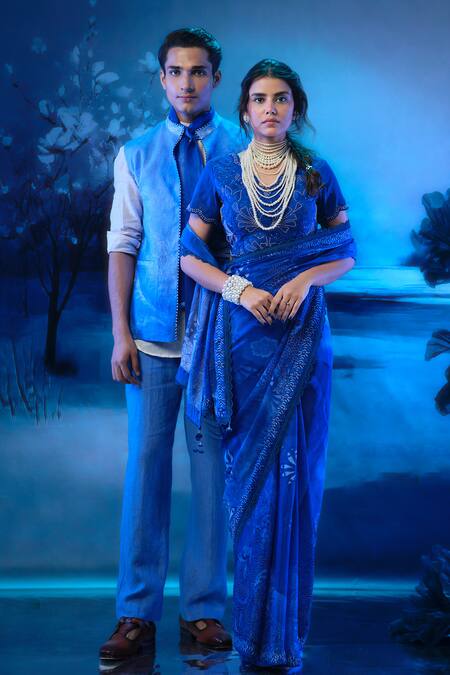 Shop_Mandira Wirk - Indian_Blue Chanderi, Linen Embroidery Bundi Kurta Pant Set _Online_at_Aza_Fashions