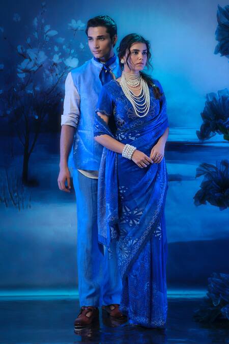 Mandira Wirk - Indian_Blue Chanderi, Linen Embroidery Bundi Kurta Pant Set _at_Aza_Fashions