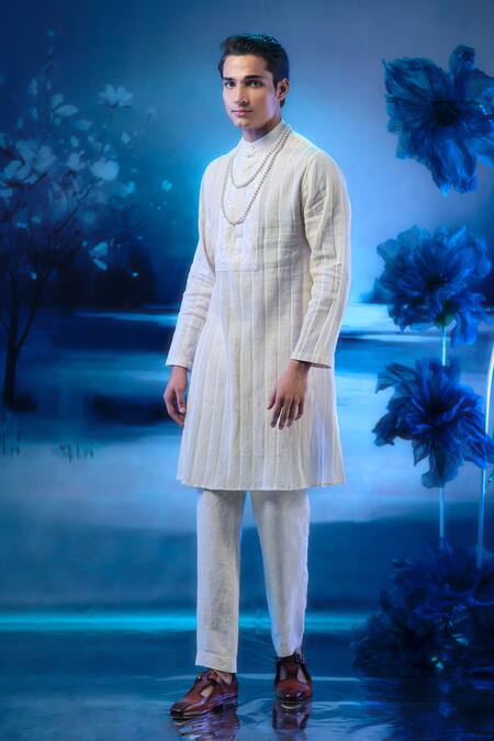 Shop_Mandira Wirk - Indian_Ivory Chanderi, Linen Designer Kurta Set _Online_at_Aza_Fashions