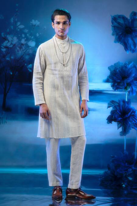 Mandira Wirk - Indian_Ivory Chanderi, Linen Designer Kurta Set _at_Aza_Fashions
