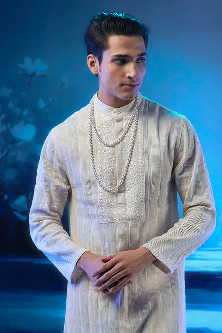 Buy_Mandira Wirk - Indian_Ivory Chanderi, Linen Designer Kurta Set 