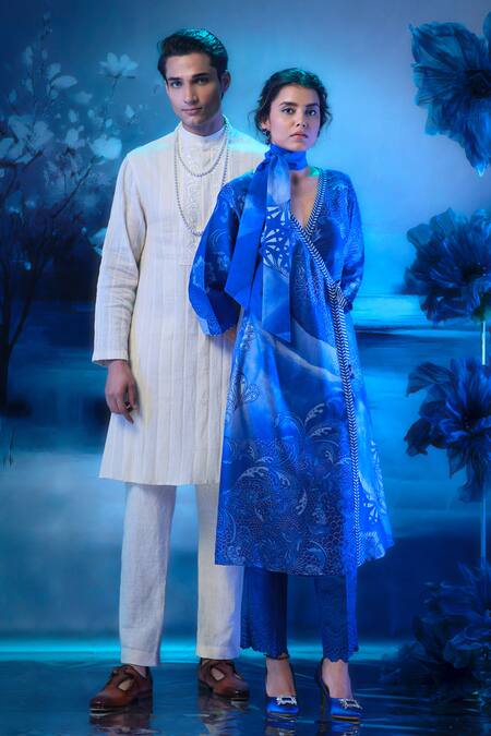 Shop_Mandira Wirk - Indian_Ivory Chanderi, Linen Designer Kurta Set 