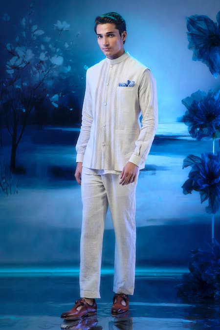 Mandira Wirk - Indian Ivory Chanderi Linen Kurta Pant Set 