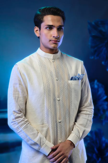 Mandira Wirk - Indian_Ivory Chanderi, Linen Embroidery Kurta Pant Set _Online_at_Aza_Fashions