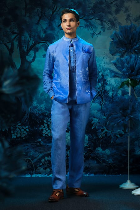 Mandira Wirk - Indian Blue Chanderi Linen Kurta Pant Dupatta Set 