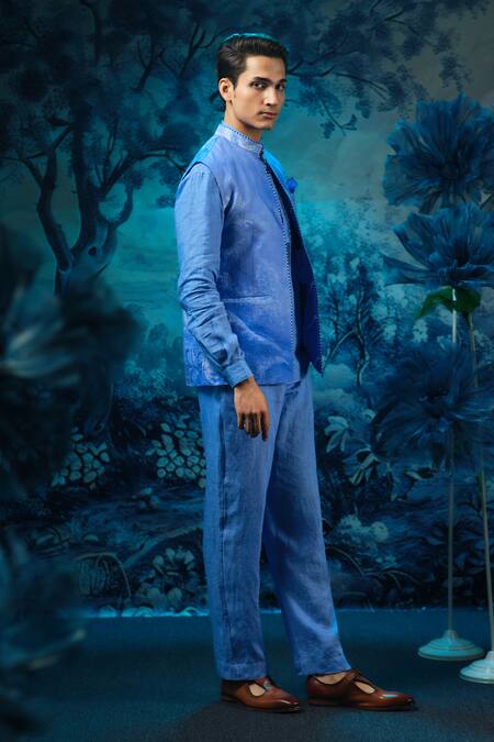 Mandira Wirk - Indian_Blue Chanderi, Linen Embroidery Kurta Pant Dupatta Set _Online_at_Aza_Fashions