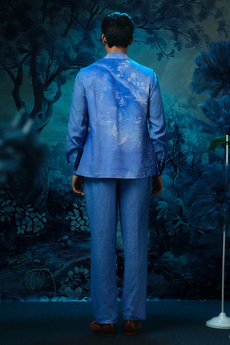 Mandira Wirk - Indian Blue Chanderi Linen Kurta Pant Dupatta Set 