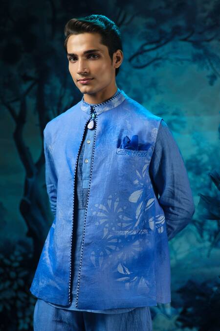 Buy_Mandira Wirk - Indian_Blue Chanderi, Linen Embroidery Kurta Pant Dupatta Set _Online_at_Aza_Fashions