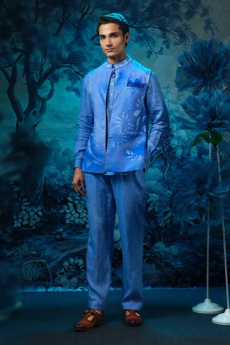 Shop_Mandira Wirk - Indian_Blue Chanderi, Linen Embroidery Kurta Pant Dupatta Set _Online_at_Aza_Fashions