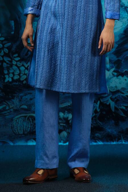 Mandira Wirk - Indian_Blue Chanderi, Linen Embroidery Designer Kurta Pant Set _Online_at_Aza_Fashions