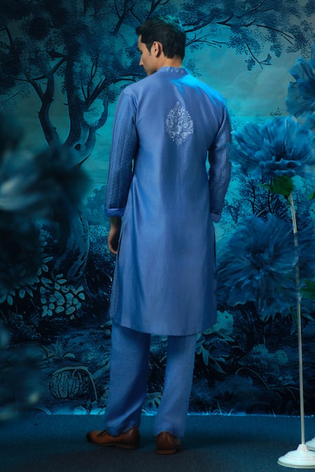 Mandira Wirk - Indian Blue Chanderi Designer Kurta Pant Set 