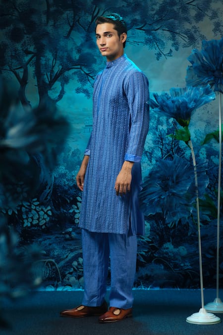 Buy_Mandira Wirk - Indian_Blue Chanderi, Linen Embroidery Designer Kurta Pant Set _Online_at_Aza_Fashions
