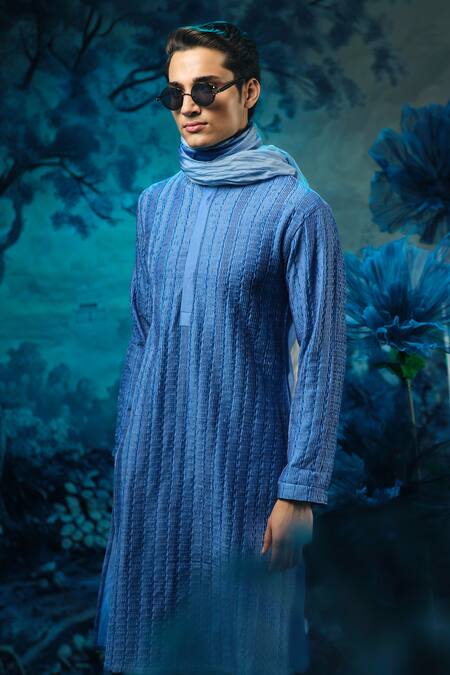 Shop_Mandira Wirk - Indian_Blue Chanderi, Linen Embroidery Designer Kurta Pant Set _Online_at_Aza_Fashions