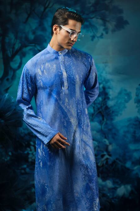 Shop_Mandira Wirk - Indian_Blue Chanderi Designer Kurta Pant Set _Online_at_Aza_Fashions