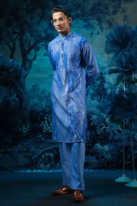 Mandira Wirk - Indian Blue Chanderi Designer Kurta Pant Set 