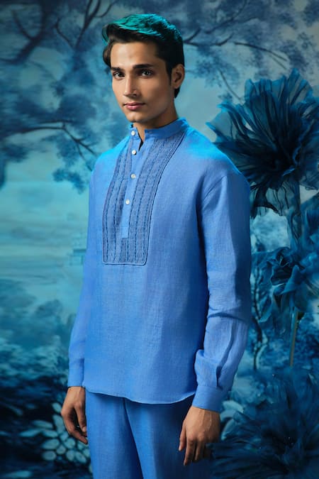 Mandira Wirk - Indian Blue Chanderi Linen Kurta Pant Set 