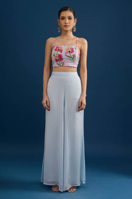 Samyukta Singhania Blue Chiffon, Georgette Beads Open Neck Floral Printed Jacket Set Online at Aza Fashions Samyukta Singhania_Blue Chiffon, Georgette Beads Open Neck Floral Printed Jacket Set _Online_at_Aza_Fashions