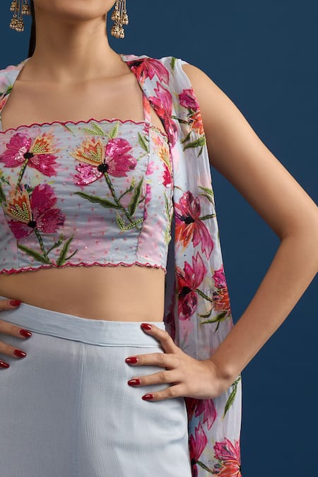 Buy Samyukta Singhania Blue Chiffon, Georgette Beads Open Neck Floral Printed Jacket Set Online at Aza Fashions Buy_Samyukta Singhania_Blue Chiffon, Georgette Beads Open Neck Floral Printed Jacket Set _Online_at_Aza_Fashions