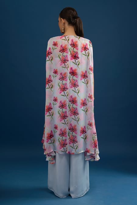 Shop Samyukta Singhania Blue Chiffon, Georgette Beads Open Neck Floral Printed Jacket Set at Aza Fashions Shop_Samyukta Singhania_Blue Chiffon, Georgette Beads Open Neck Floral Printed Jacket Set _at_Aza_Fashions