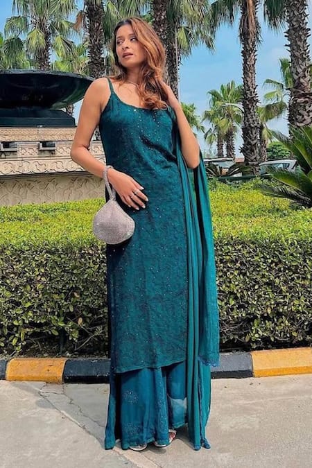 LABEL AISHWARYRIKA Chikankari Strappy Kurta & Palazzo Pant Set 