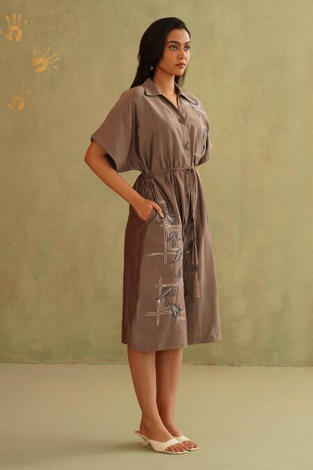 Shop_Midori By Sgv_Gray Cotton, Silk, Chanderi Sequins Collared Designer Hand Embroidered Jun Dress _Online_at_Aza_Fashions