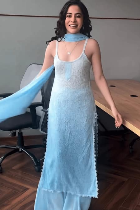 Label Aishwaryrika Blue Georgette Lace, Embroidery Dreamy Frost Ombre Chikankari Kurta Palazzo Set 