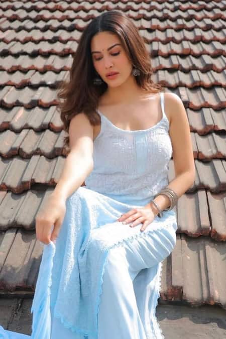 Buy_LABEL AISHWARYRIKA_Blue Georgette Lace, Embroidery Dreamy Frost Ombre Chikankari Kurta Palazzo Set 