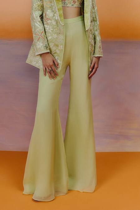 Buy_Mishru_Green Organza Embroidery Square Neck Designer Sea Blazer Set _Online_at_Aza_Fashions