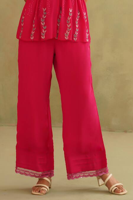 Midori By Sgv_Pink Crepe, Silk Embroidery, Sequins V-neck Hot Hand Pant Set _at_Aza_Fashions