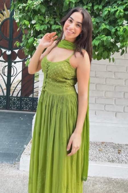 LABEL AISHWARYRIKA Green Dupatta Chiffon, Kurta Georgette, Pant Cotton Chikankari, Anarkali Set at Aza Fashions LABEL AISHWARYRIKA_Green Dupatta Chiffon, Kurta Georgette, Pant Cotton Chikankari, Anarkali Set _at_Aza_Fashions