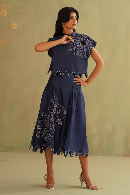 Midori By Sgv_Blue Cotton, Chanderi, Silk Embroidery, Sequins Round Midnight Hand Skirt Set _at_Aza_Fashions