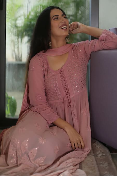 LABEL AISHWARYRIKA_Purple Chiffon, Georgette Chikankari, Mukaish Scoop Neck Anarkali Set _at_Aza_Fashions